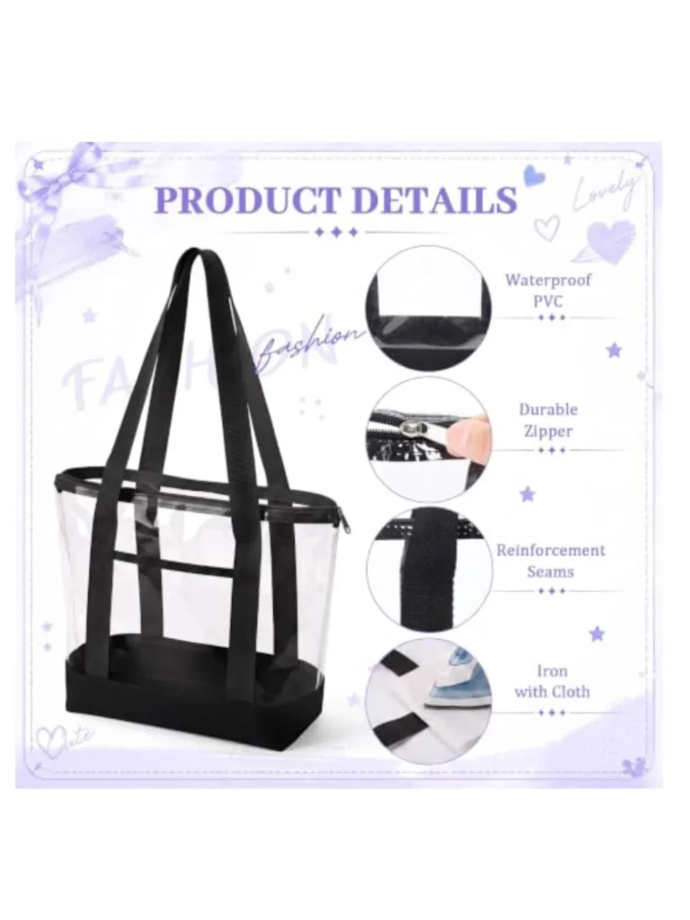 12 Pack Clear PVC Tote Bags with Zipper, Stadium Approved, Travel Organizer
